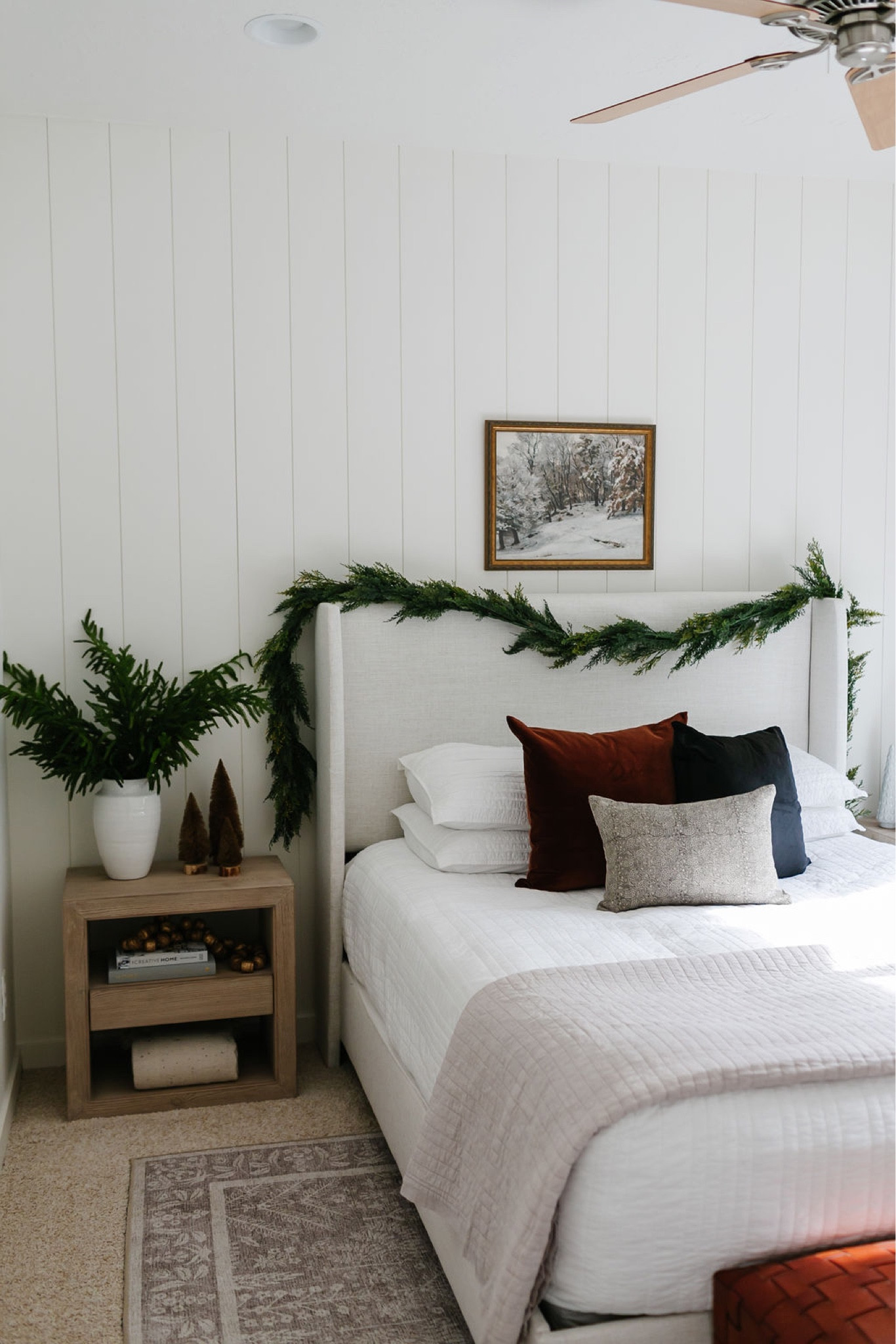 Garland, Christmas decor, holiday decor, bedding, bedroom decor, upholstered bed, Target, faux stems, garland, wood nightstand, wood bedside table, holiday throw pillows, Christmas artwork 

#LTKSeasonal #LTKhome #LTKHoliday