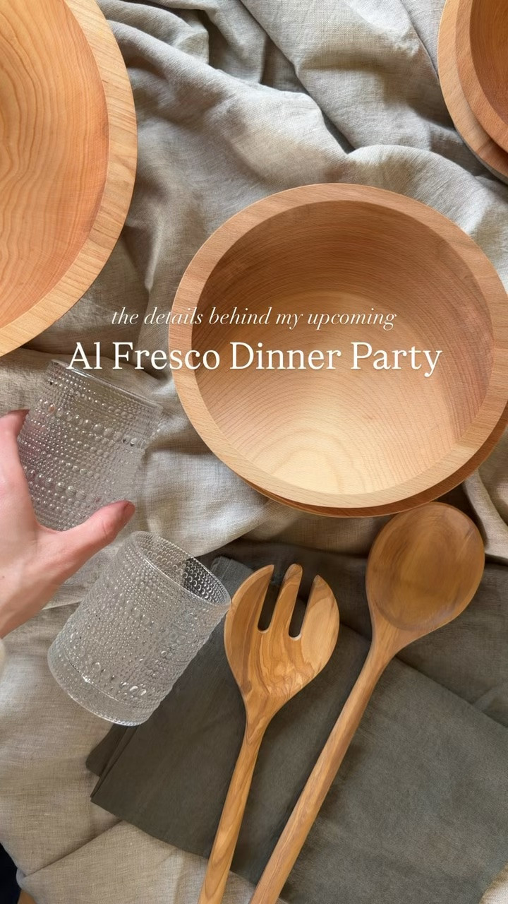 For my upcoming Al Fresco Dinner Party with @quince I chose handcrafted wooden salad bowls and serveware, European linen tablecloths and napkins, vintage inspired drinking glasses, wooden serveware and silverware with a simple design. 
#QuincePartner

#LTKSaleAlert #LTKActive #LTKHome
