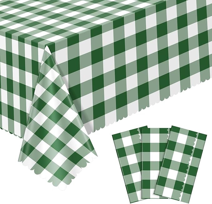 3 Pack Green Gingham Tablecloths, 54 X 108Inch Disposable Scalloped Green and White Checkered Tab... | Amazon (US)