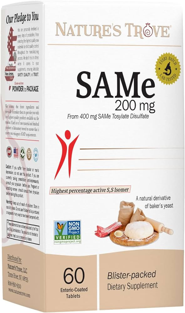 SAM-e 200mg Daily Supplement - Vegan, Kosher, Non-GMO, Soy Free, Gluten Free - 60 Enteric Coated ... | Amazon (US)