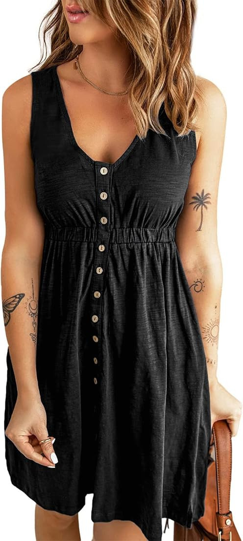 BTFBM Women Sleeveless Summer Dress 2023 Crewneck Ribbed Knit Ruffle Swing Button Down Beach Sun ... | Amazon (US)
