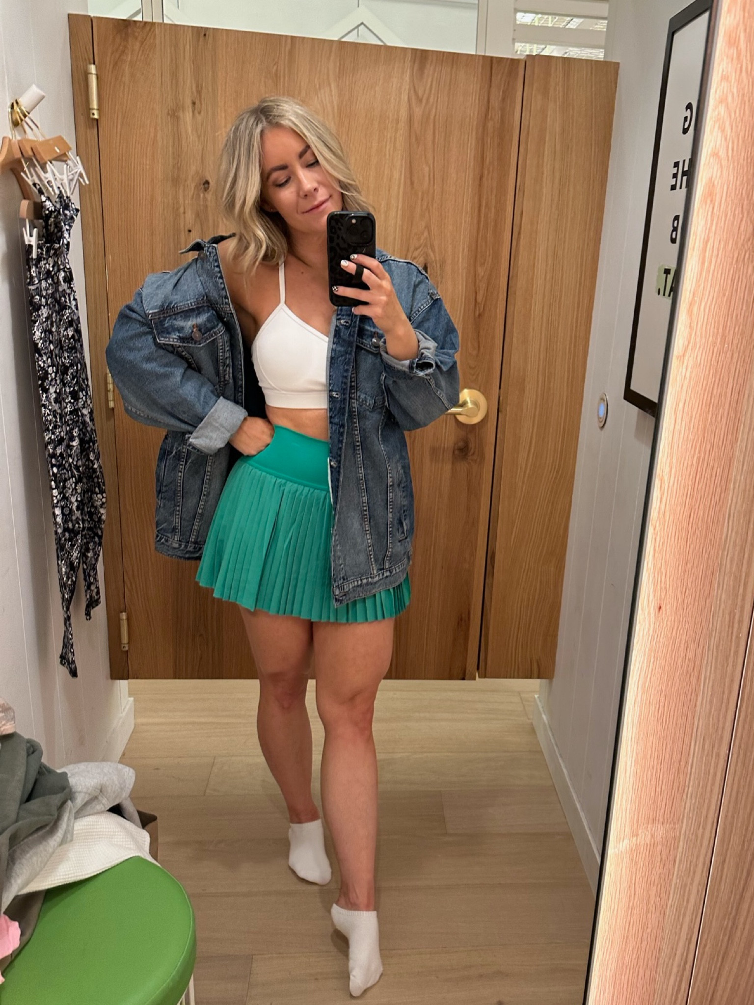 American Eagle denim jacket, Aerie white sports bra, and Aerie green pleated tennis skirt 

#LTKunder100 #LTKU #LTKsalealert
