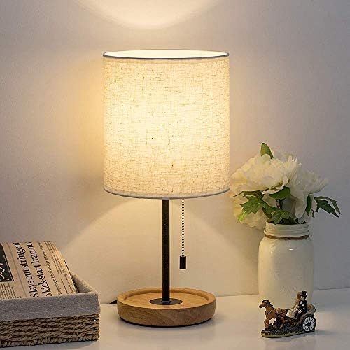 HAITRAL Bedside Table Lamp - Modern Nightstand Lamp with Linen Fabric Shade Wooden Desk Lamps for Be | Amazon (US)