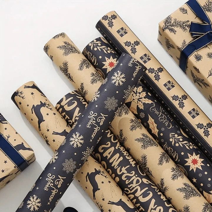 1 Set Of 6 Or 12 Rolls Vintage Christmas Wrapping Paper - Cardboard With Reindeer & Snowflake Pat... | SHEIN