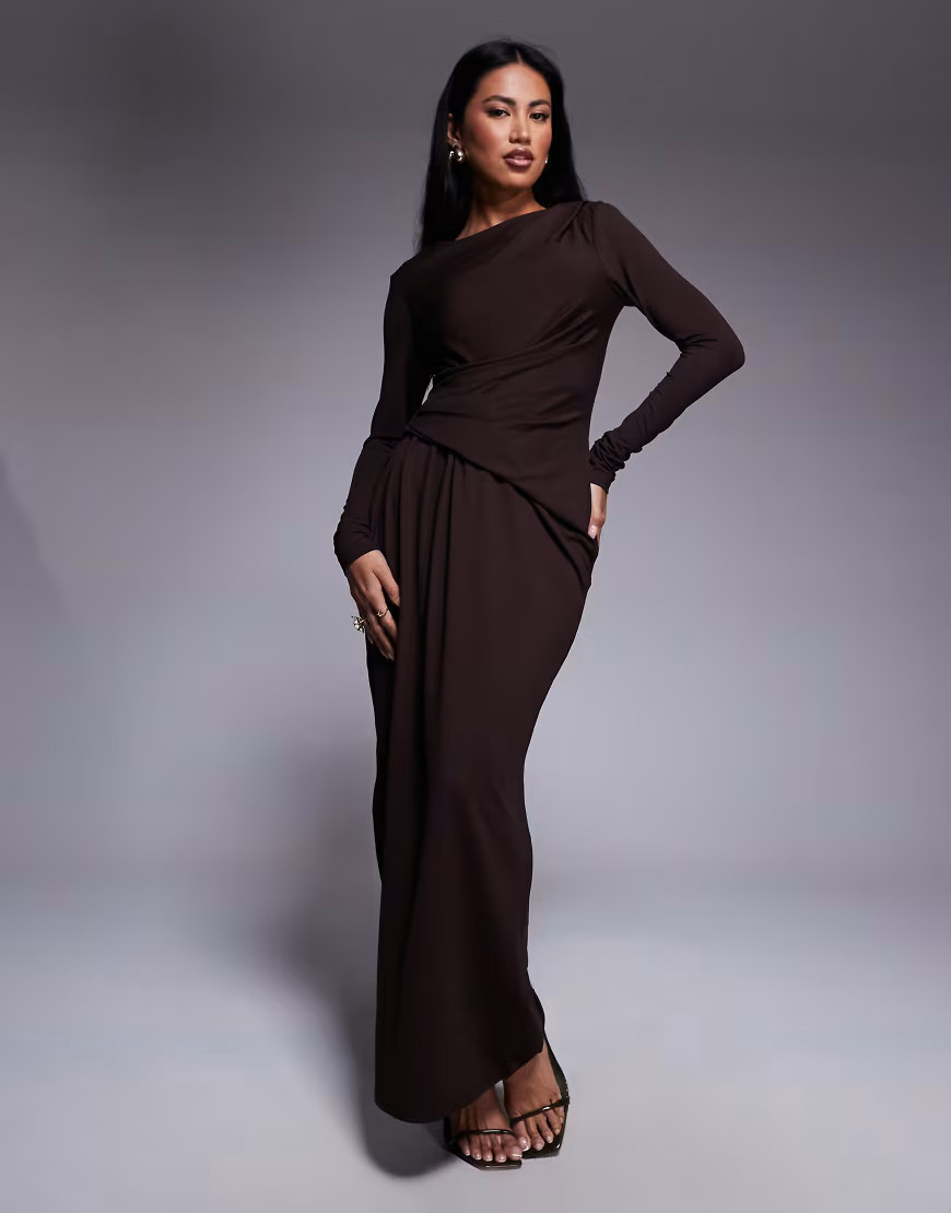 ASOS DESIGN soft touch long sleeve drape maxi dress in chocolate-Brown | ASOS (Global)