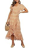 ZESICA Women's Summer Bohemian Floral Printed Wrap V Neck Beach Party Flowy Ruffle Midi Dress Orange | Amazon (US)