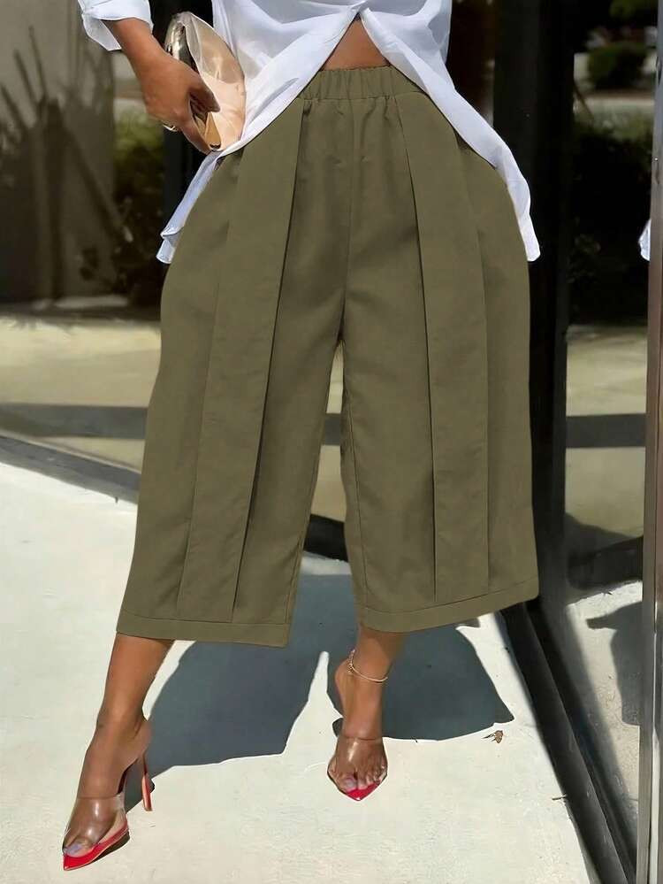 1pc Women's Fashionable Casual Solid Color Wide Leg Capri Pants, Comfortable Casual Patchwork Design Wide Leg Pants Suit, Spring/Summer | SHEIN