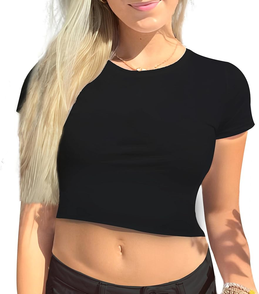 1 & 9 Crop Tops for Women Short Sleeve Scoop Neck Slim Fit Tees Cropped Shirts Tight T Shirts Goi... | Amazon (US)