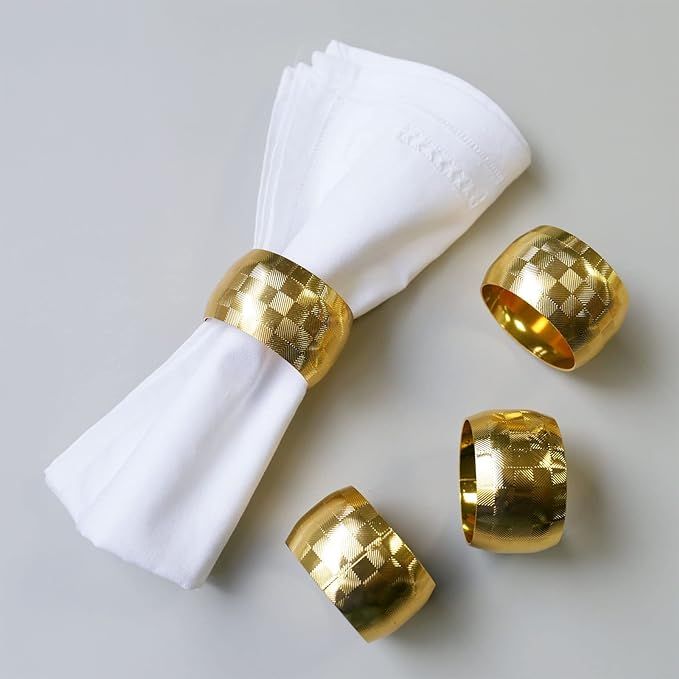 Gold Napkin Rings Set of 12, Checked Circle Napkin Ring, Serviette Buckle Holder for Thanksgiving... | Amazon (US)