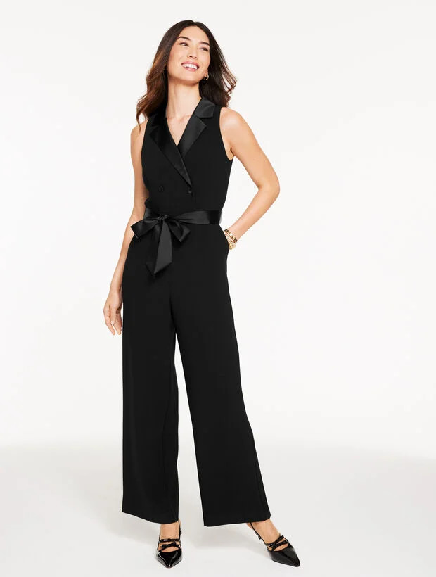 Polished Crepe Tuxedo Wide Leg Jumpsuit | Talbots