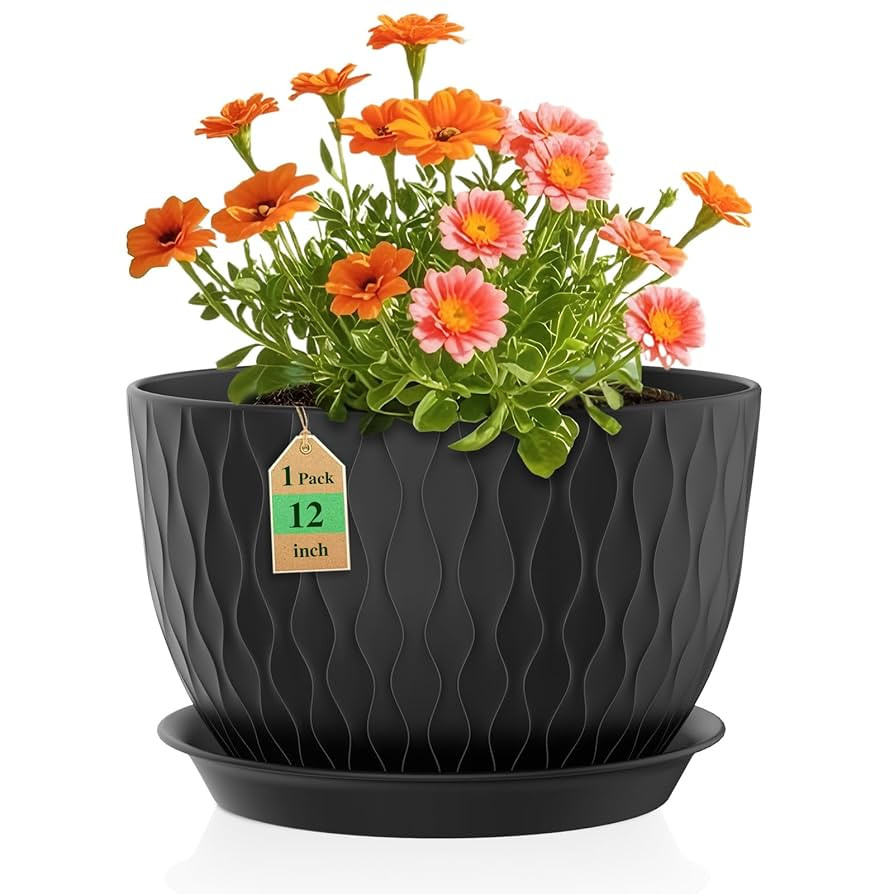 12 Inch Large Plant Pots for Indoor or Outdoor Plants, Wide Water Ripples Flower Pots with Draina... | Amazon (US)