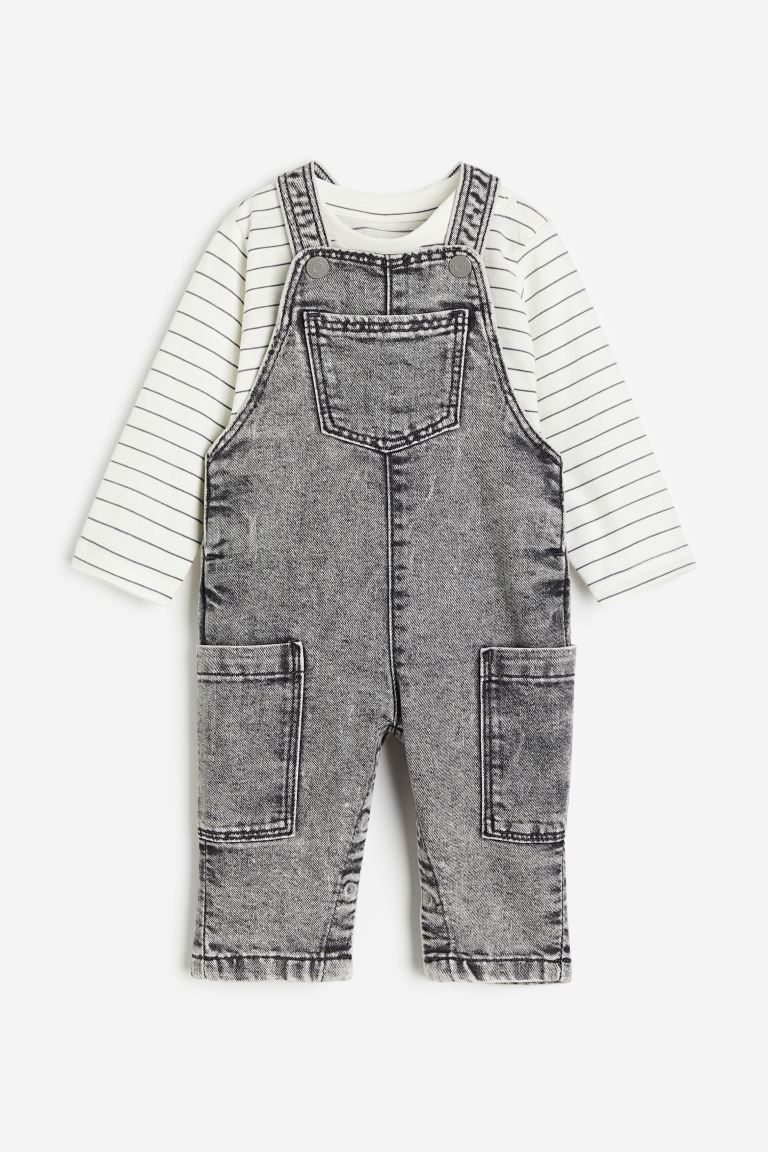2-piece Shirt and Overall Set - Denim gray/striped - Kids | H&M US | H&M (US + CA)