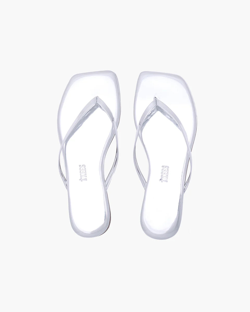 TKEES Square Toe Lily Mirror Leather Flip Flops in Chrome | TKEES