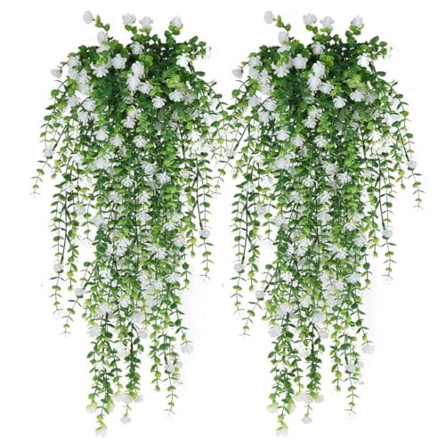 WEIDOLLAR Artificial Hanging Flowers for Outdoor Indoor Decor, 6 Packs Fake Eucalyptus Vine Faux Flower Greenery Garland Plastic Plants Outside Wall Garden Wedding Home Party Decor (White) | Amazon (US)