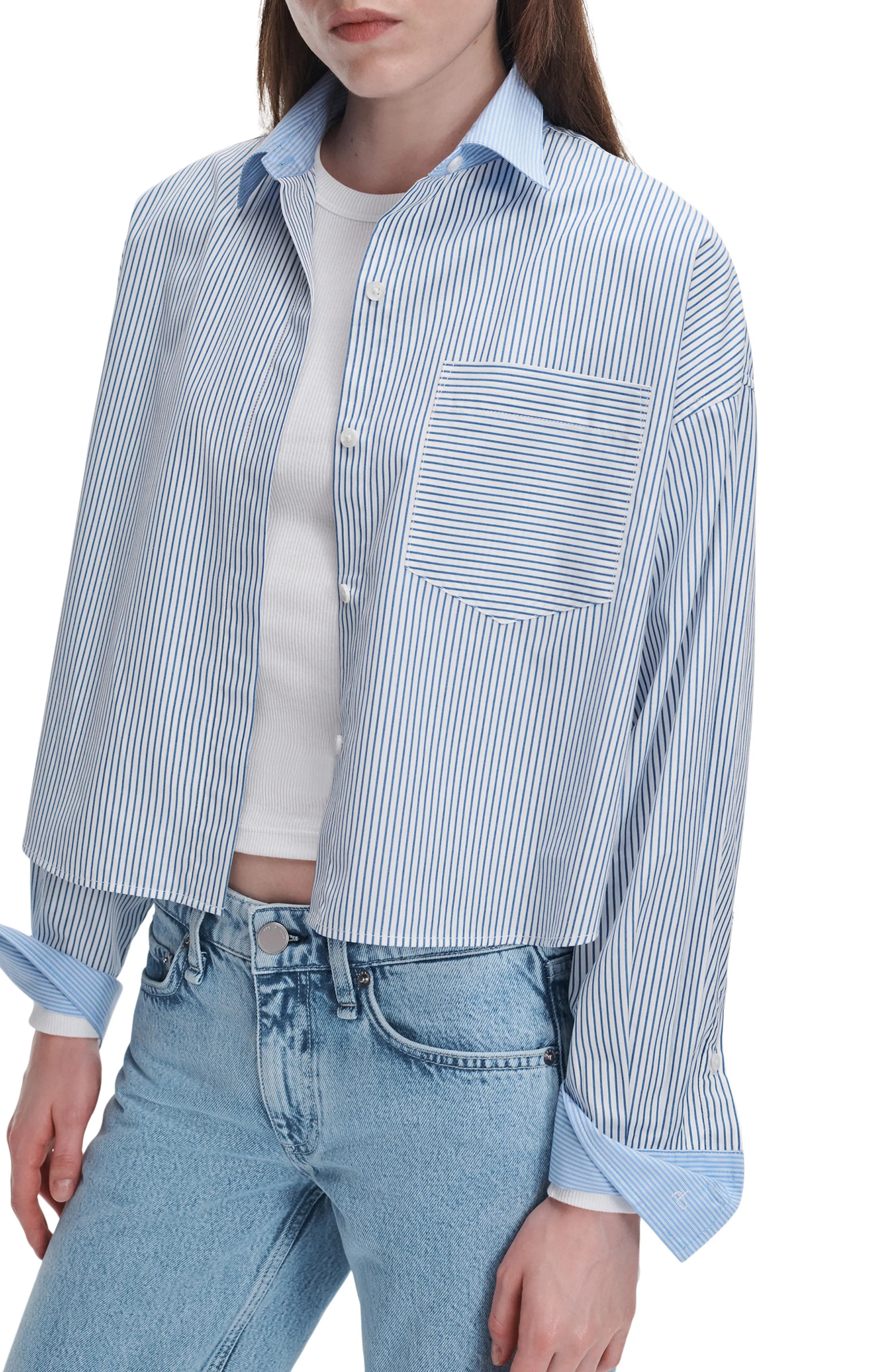 rag & bone Marin Striped Cropped Cotton Shirt in Blue Multi Stripe at Nordstrom, Size Medium | Nordstrom