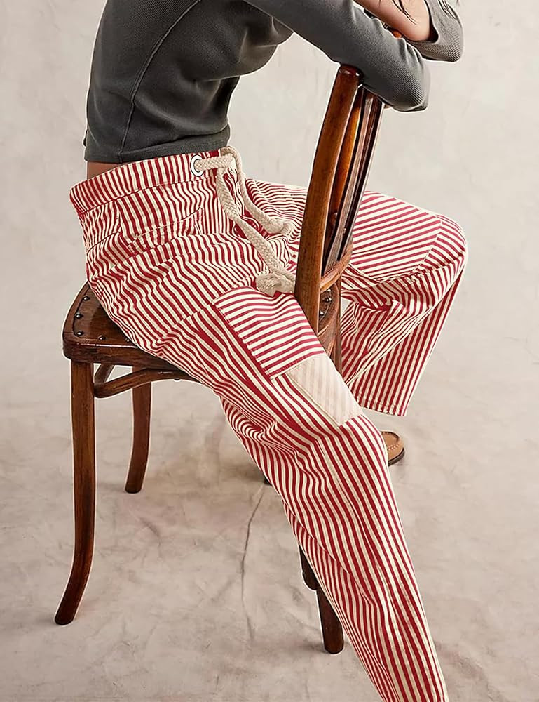 Baggy Barrel Jeans for Women Y2k Striped Drawstring High Waist Straight Wide Leg Boyfriend Jeans ... | Amazon (US)