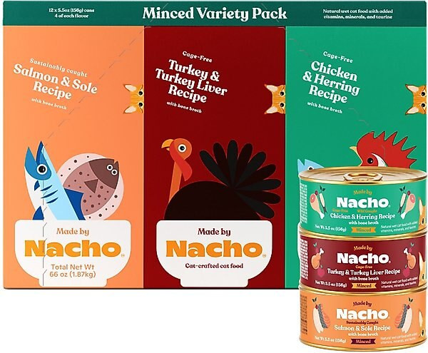 MADE BY NACHO Chicken, Herring, Salmon & Turkey Variety Pack Minced Wet Cat Food, 5.5-oz can, cas... | Chewy.com