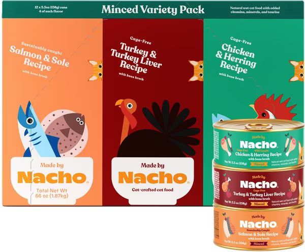 MADE BY NACHO Chicken, Herring, Salmon & Turkey Variety Pack Minced Wet Cat Food, 5.5-oz can, cas... | Chewy.com