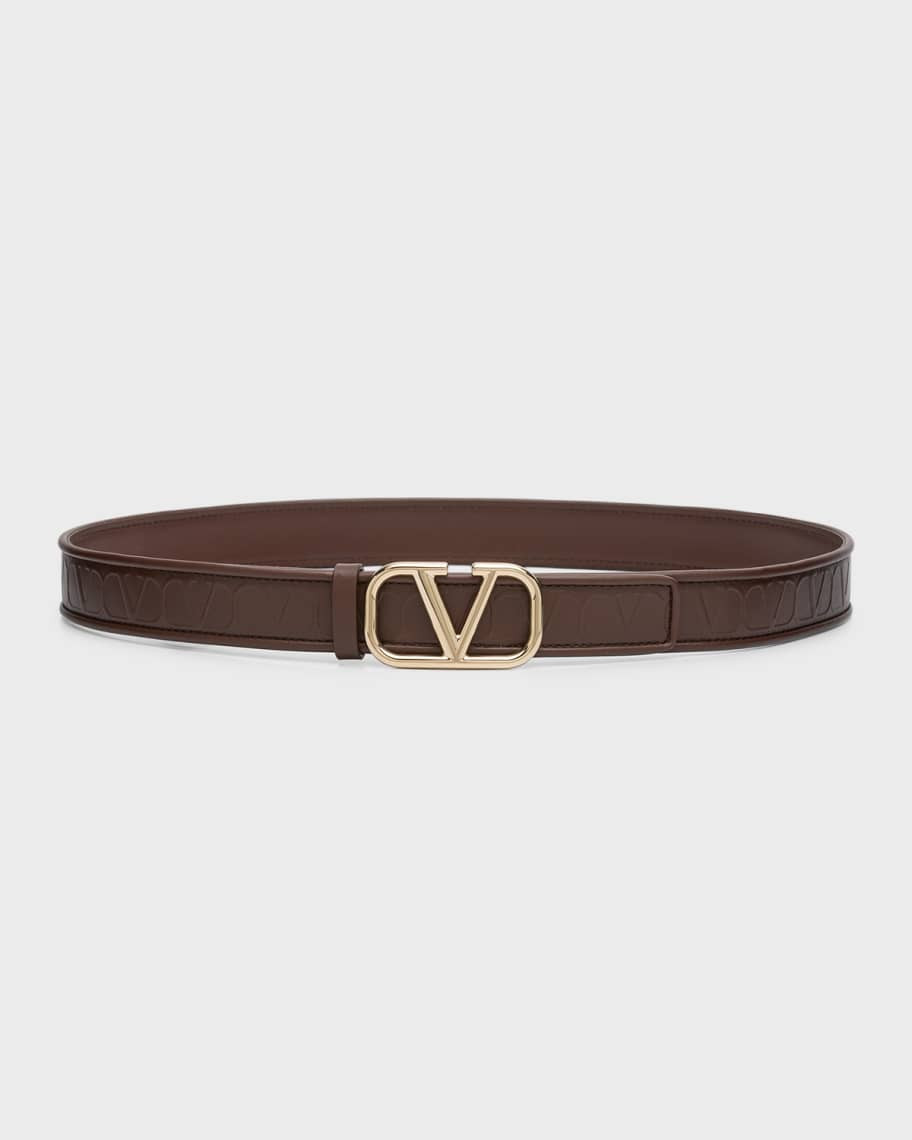 Valentino Garavani Toile Iconographe V-Logo Leather & Platinum Belt | Neiman Marcus