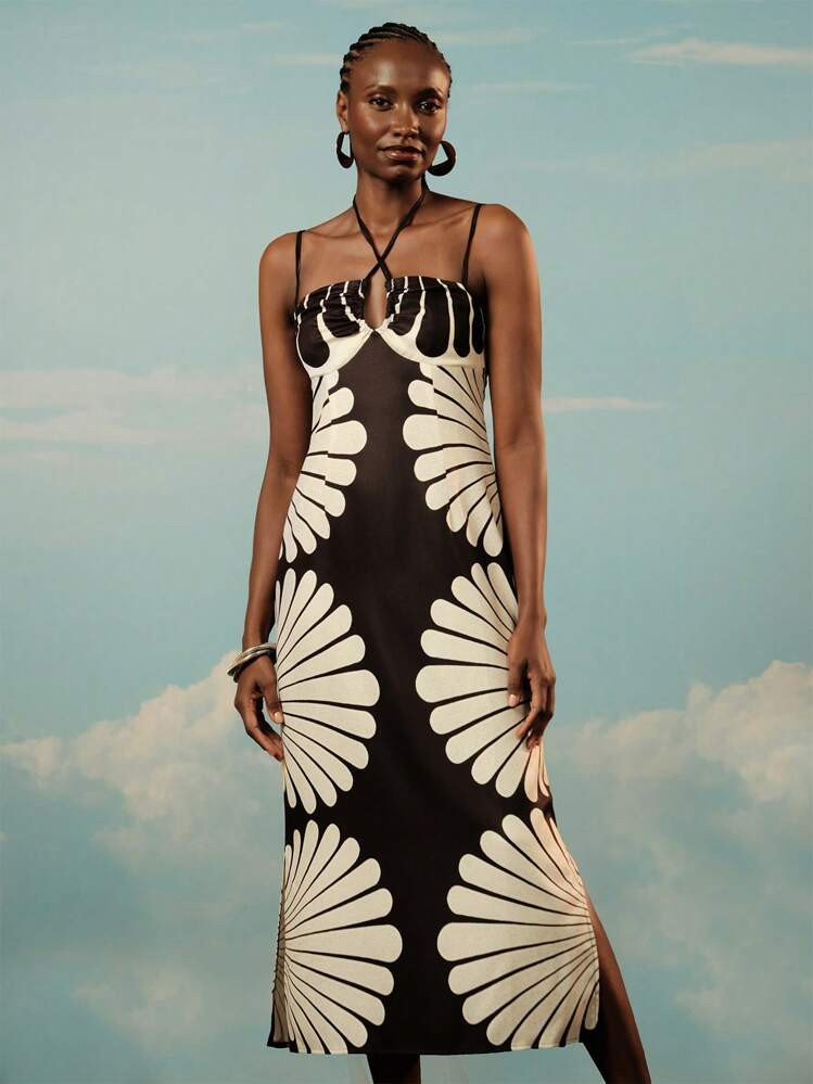 CAJUNI Women's Vacation Casual Summer Boho Shell Patterned Black And Beige Print, Spaghetti Strap Hollow Tie Up Spaghetti Strap Slit Dress | SHEIN