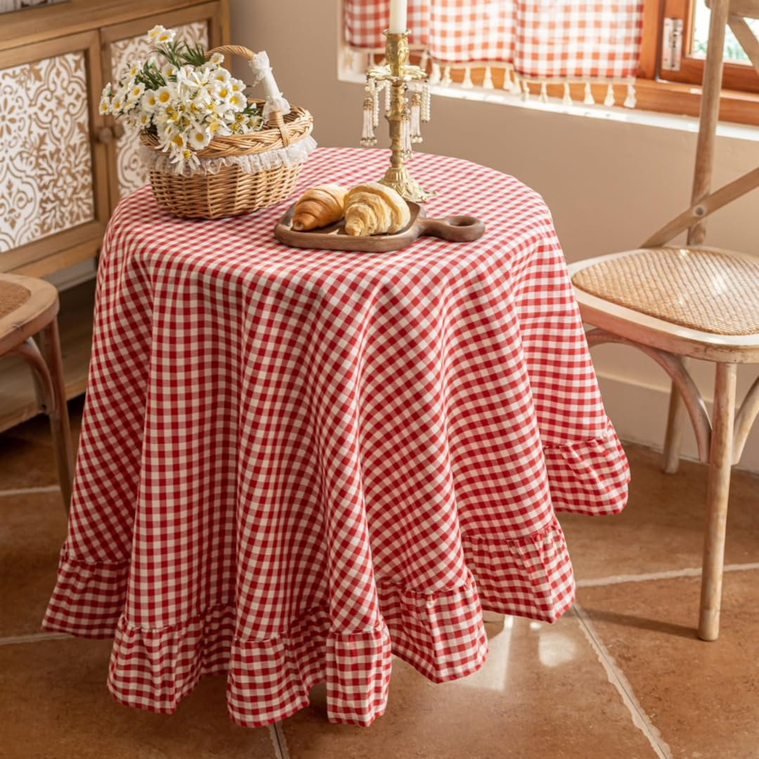 Red Plaid Ruffled Table Cover Linen 60Inch Round Gingham Tablecloth Classic Farmhouse Vintage Che... | Amazon (US)