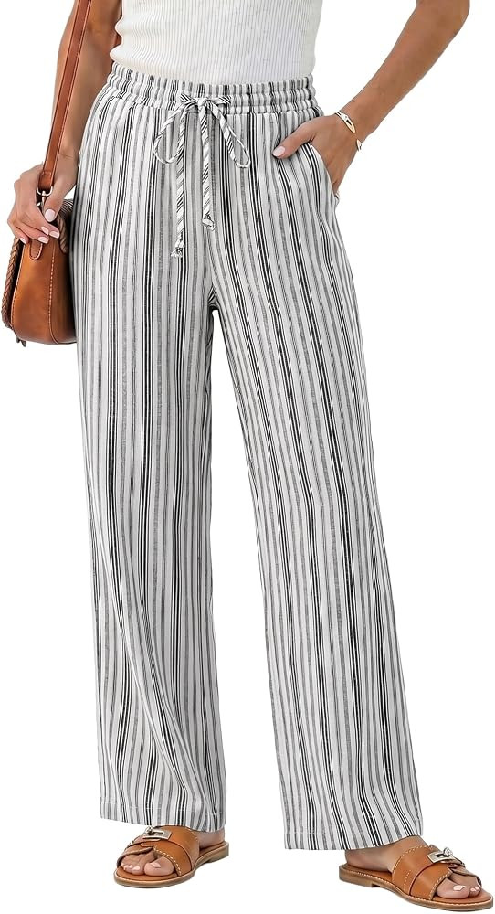 GRAPENT Linen Pants Women Wide Leg Striped High Waisted Pull On Elastic Waist Casual Summer Beach... | Amazon (US)