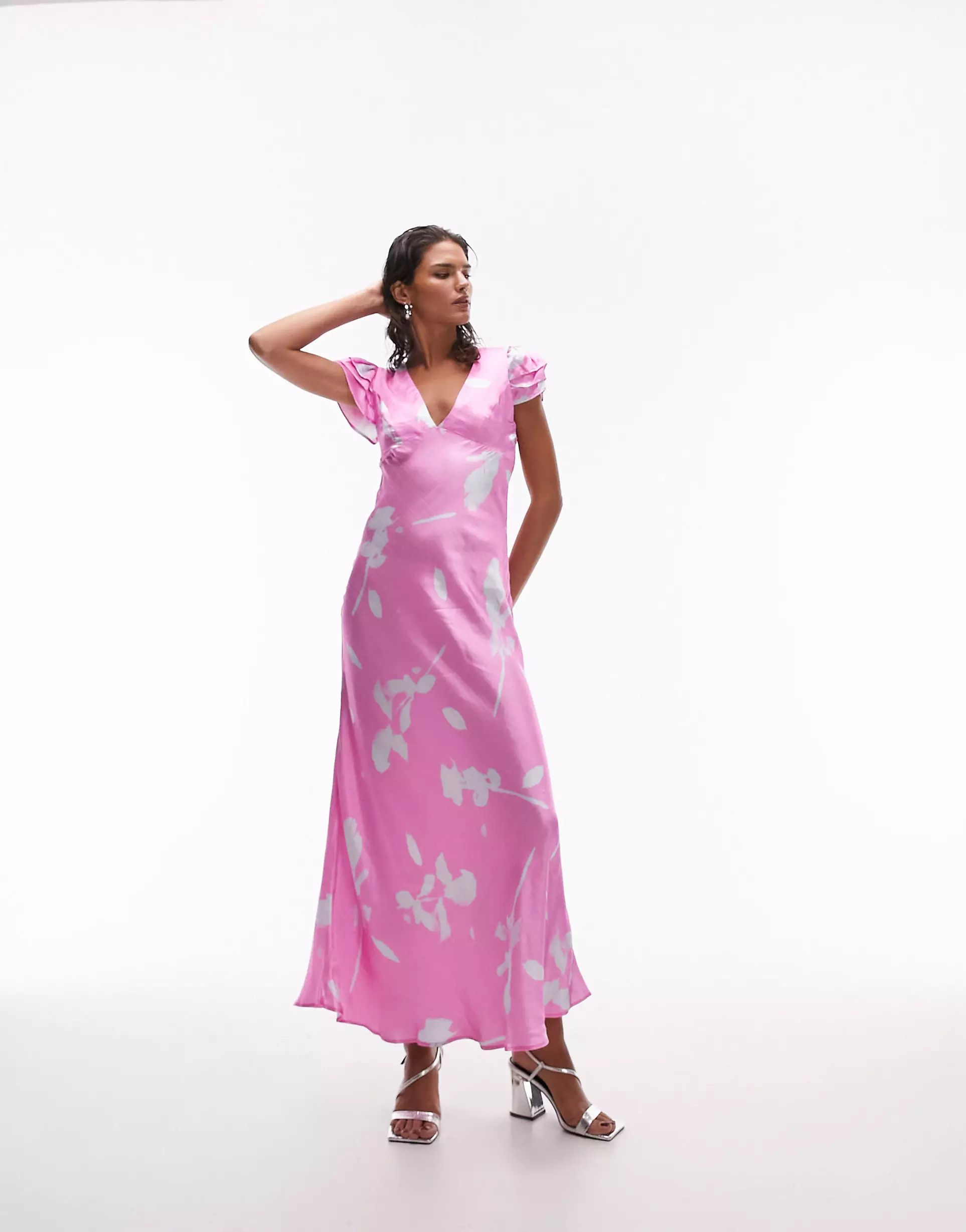 Topshop angel sleeve v neck maxi dress in pink floral print | ASOS (Global)