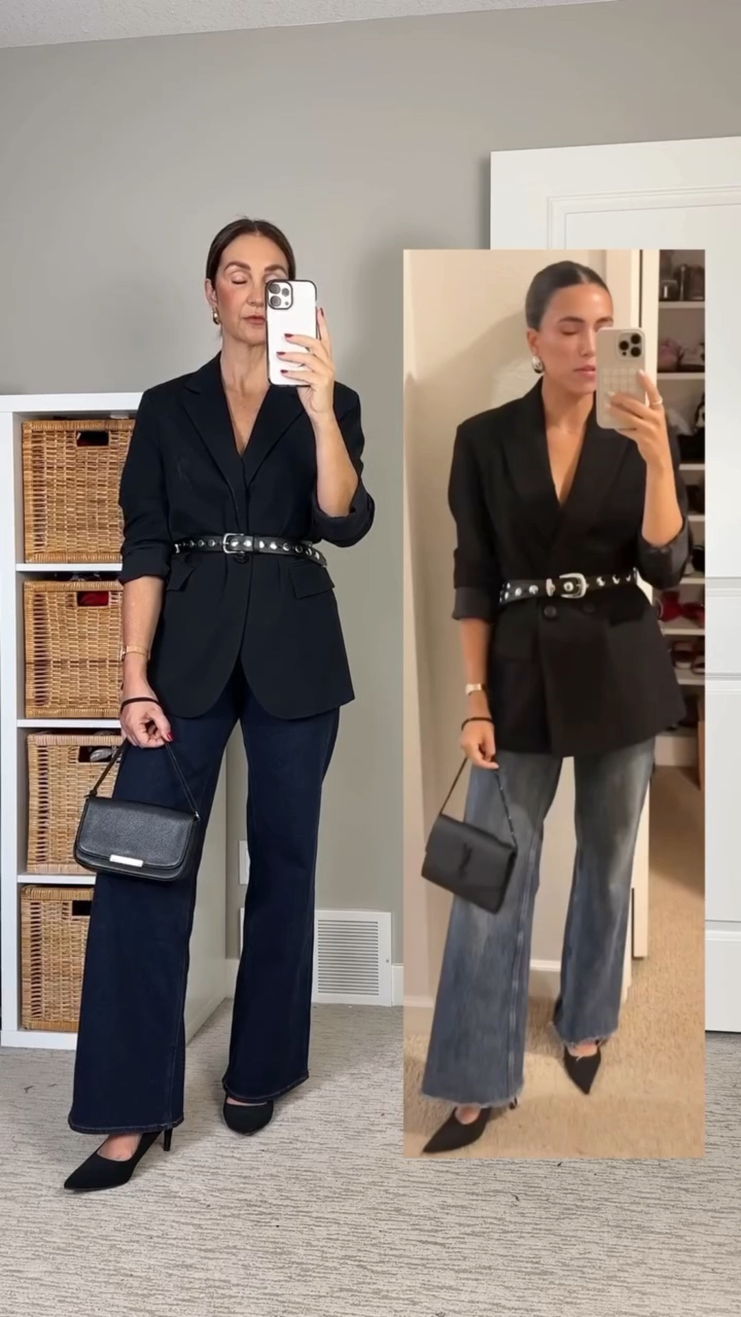Pinterest party fit! Love wearing a blazer as a top with a fun belt, add some heels and a nice bag and it really elevates the jeans!
I’m 5’ 7” wearing my usual size 27 (32” inseam) in the jeans, they are quite stretchy & comfortable. 
My blazer is sold out but I linked similar plus my exact belt (I have it three colors!), pumps, bag and the stitch gun I used to keep the blazer lapels together.


#LTKHoliday #LTKootd #LTKSeasonal
