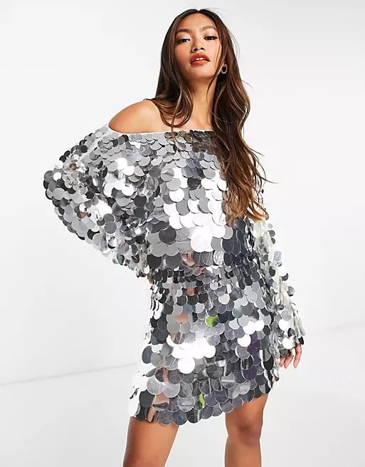 ASOS DESIGN slouchy embellished mini dress in silveroversized disc sequin | ASOS (Global)