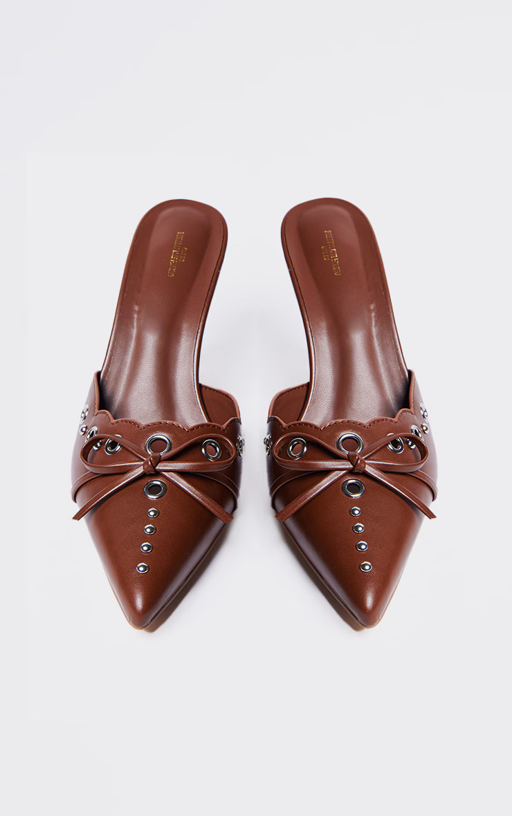 Wide Fit Brown PU Point Toe Bow Detailed Heeled Mules | PrettyLittleThing UK