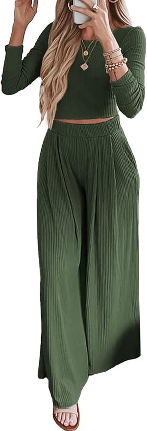 BTFBM Women's Two Piece Lounge Set Long Sleeve Bodycon Ribbed Knit Crop Top Loose Wide Leg Pant C... | Amazon (US)