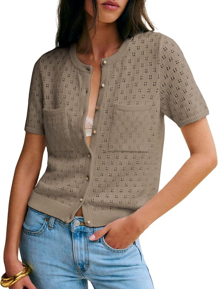 Daacee Women's Lightweight Cotton Crochet Cardigan Short Sleeve Button Up Cropped Cardigan Sweate... | Amazon (US)