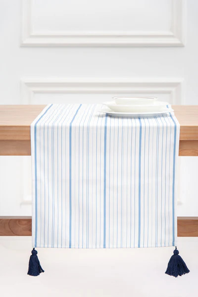 Coastal Table Runner, Missi Stripe Tassel, Sky Blue, 18"x108" | Hofdeco
