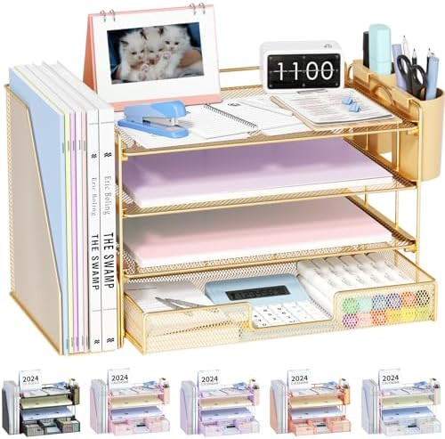 OPNICE Desk Organizer and Accessories, 4-Tier Desktop File Organizer with Drawer and 2 Pen Holder... | Amazon (US)