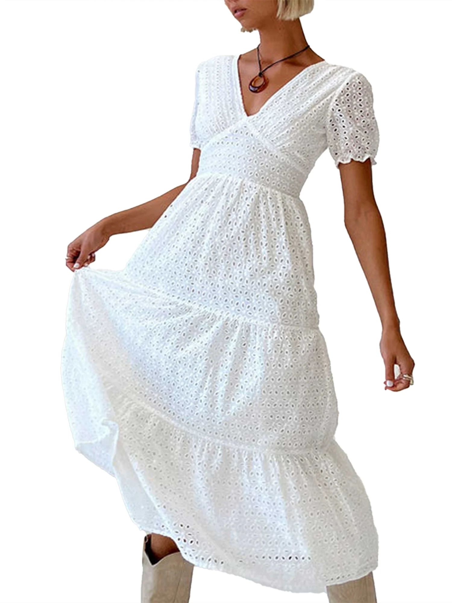 Women's Summer A-Line Dress Solid Eyelet V-Neck Short Sleeve Dress | Walmart (US)