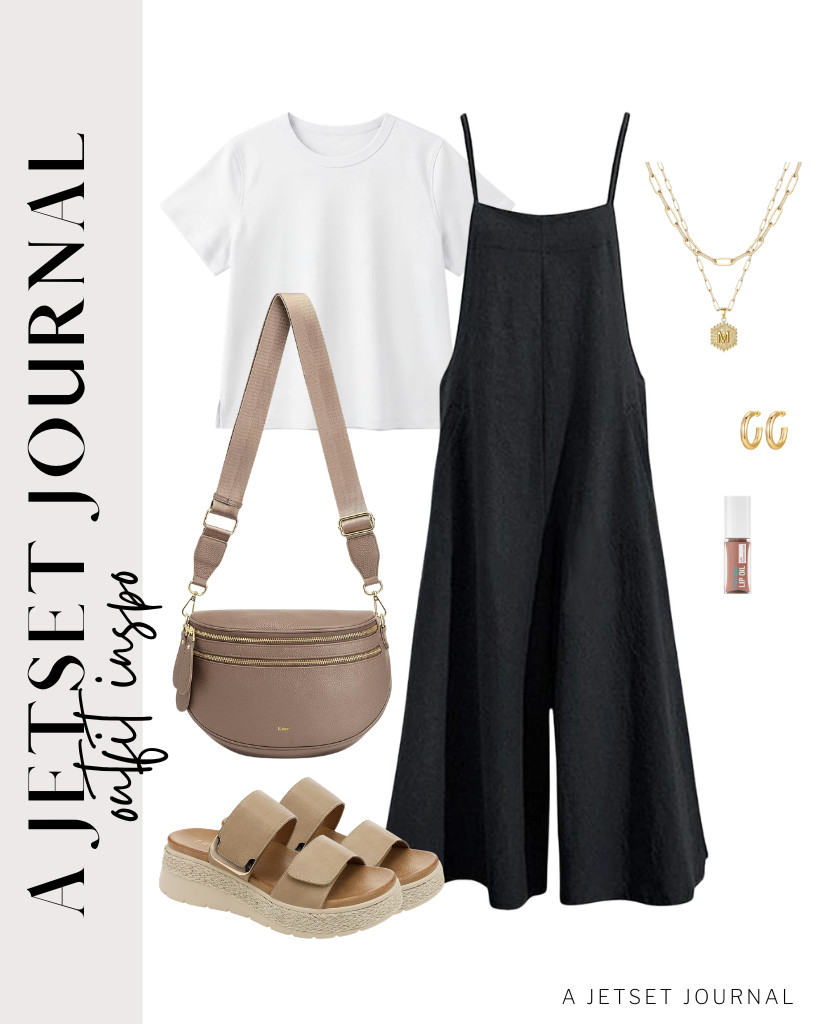 This black-and-white combination of a wide-leg jumpsuit and a basic top is a perfect match. You can wear these platform wedge sandals and a Kattee crossbody bum bag to style this fit, then accessorize with a layered necklace and hoop earrings to finish the look.

#LTKSeasonal #LTKSaleAlert #LTKTravel 

 