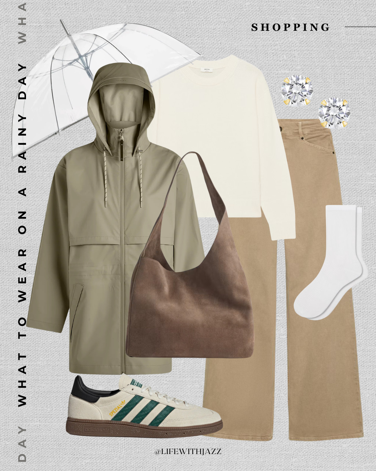 rainy day spring outfit inspo 

varley rain jacket / cream aritzia cashmere sweater / tan wide leg jeans / quince suede tote bag / cozy socks / adidas handball spezial sneakers / shopping outfit  

 

#LTKootd