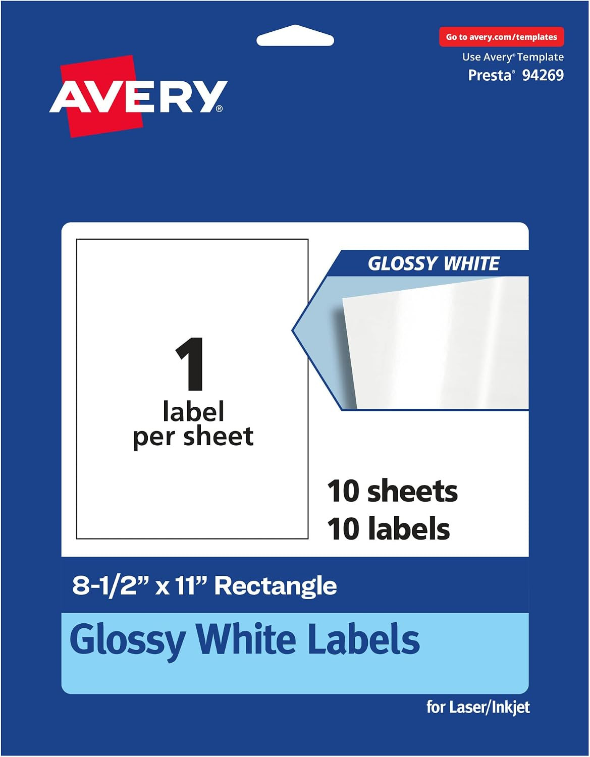 Avery Glossy White Rectangle Labels, 8.5" x 11", 10 Glossy White Labels, Permanent Adhesive, Laser/Inkjet Printable | Amazon (US)