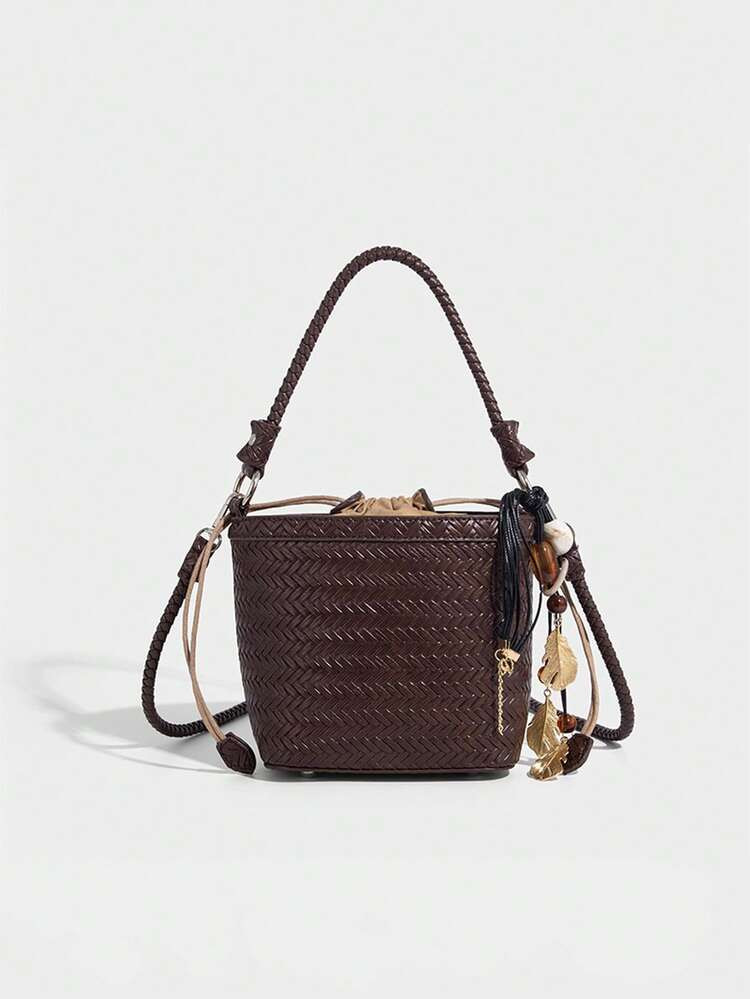 New Woven Bag PU Leather Vegetable Basket Shoulder Bag Retro Bucket Bag | SHEIN