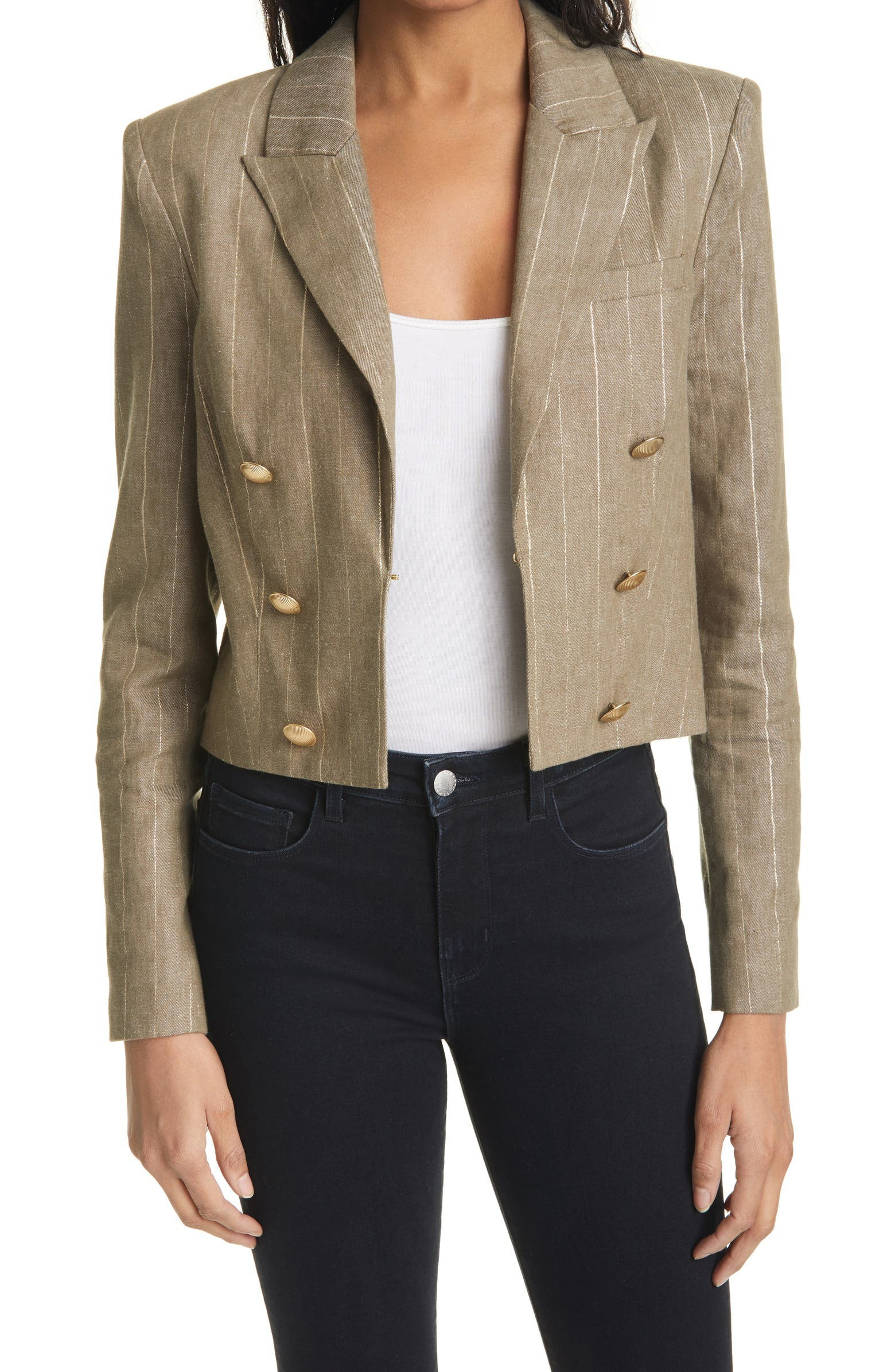 L'AGENCE Inez Metallic Stripe Cotton & Linen Blend Crop Blazer | Nordstrom | Nordstrom