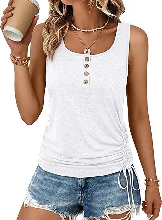 AUTOMET Tank Tops for Women Summer Sleeveless Loose Fit U Neck T Shirts Button Drawstring Basic T... | Amazon (US)