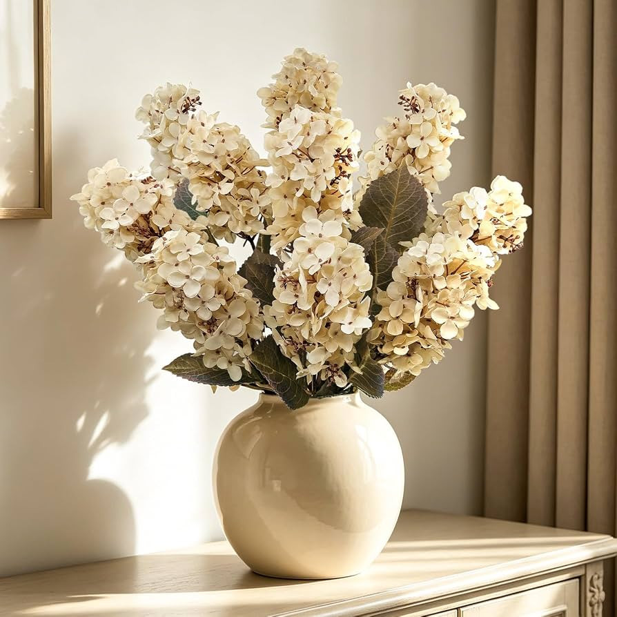 8 Pcs Cream Hydrangea Artificial Flowers, 24'' Fall Silk Fake Hydrangea with Stems, Faux White Hy... | Amazon (US)