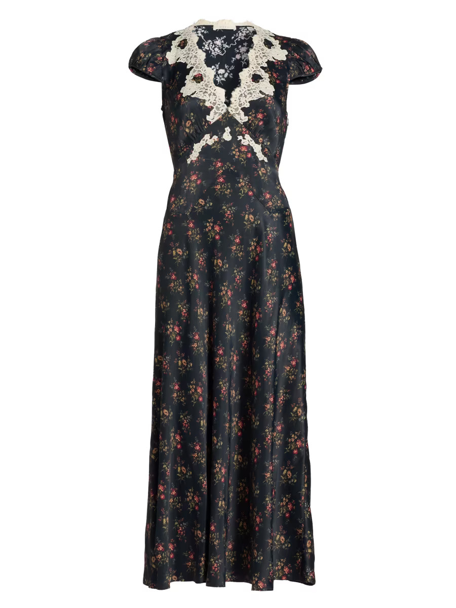 Coraline Lace-Trim Floral Satin Midi-Dress | Saks Fifth Avenue