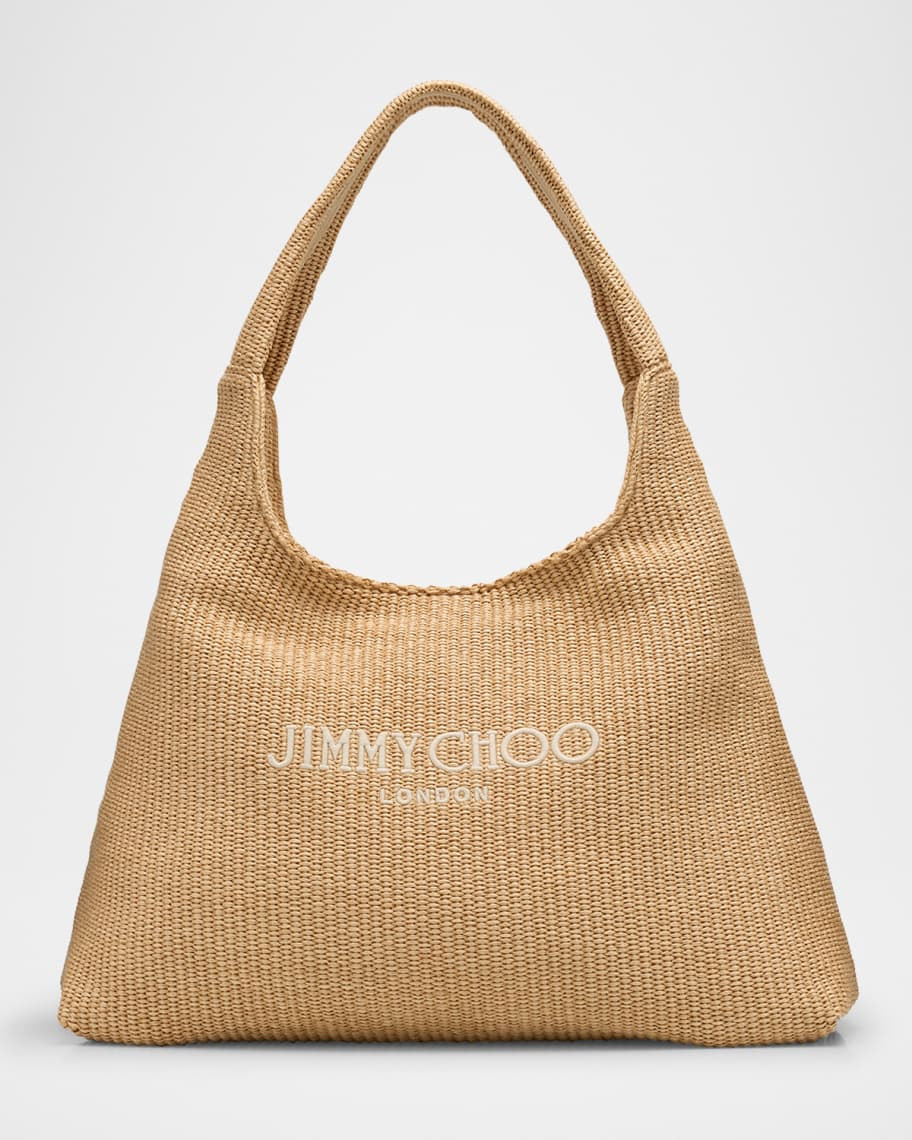 Jimmy Choo Beach Logo-Embroidered Raffia Hobo Bag | Neiman Marcus