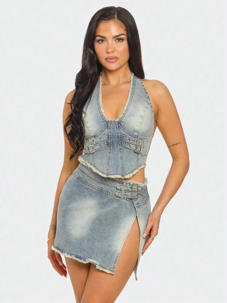 Stylish Solid Colour Denim Two Piece Set, Halter Short Top With High Split Mini Skirt, Perfect Fo... | SHEIN