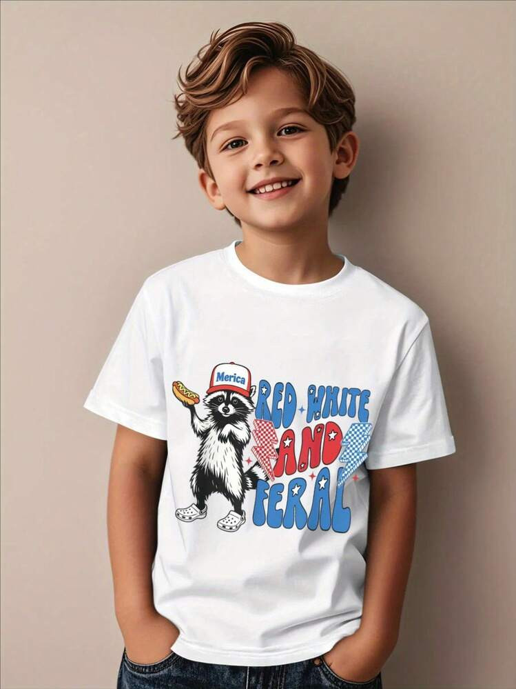 100% Cotton Boys' T-Shirt Red White And Feral Funny Raccoon 4th Of July Patriotic Novelty Aesthetic Graphic Kid T-Shirt Popular Kid T Shirts Street Style Tops Tees For Kid | SHEIN