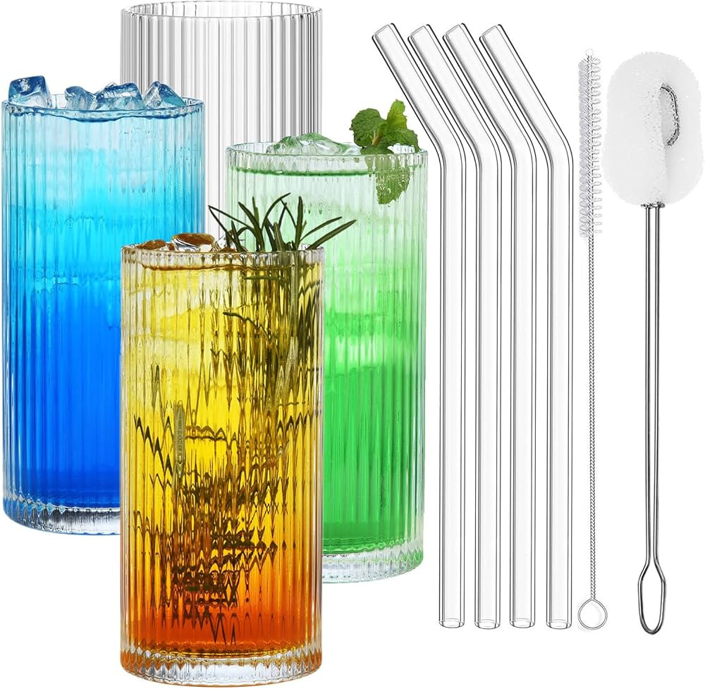 ALINK Ribbed Glassware Set of 4, Vintage Drinking Glasses with Straws, Glassware Iced Coffee Cups... | Amazon (CA)