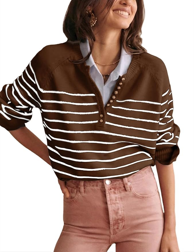 Hongsui Women's Color Block Striped Sweaters Button Up Crewneck Pullover Ribbed Knit Sweater Tops | Amazon (US)