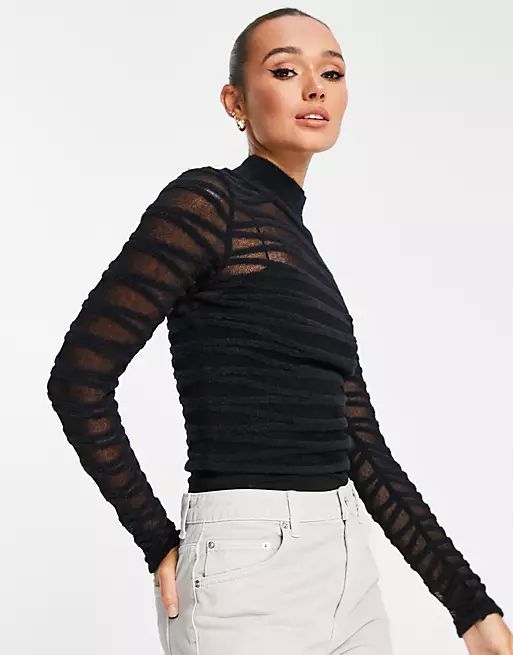 ASOS DESIGN sweater with fluffy and sheer stitch stripes in black | ASOS (Global)