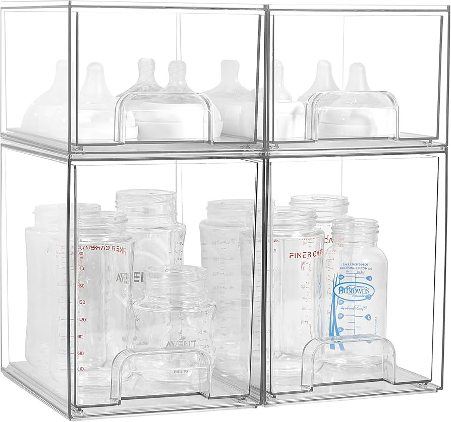Baby Bottle Organizer, 4 Pack Clear Space-Saving Stackable Drawer with Handle, Baby Bottle Storag... | Amazon (US)